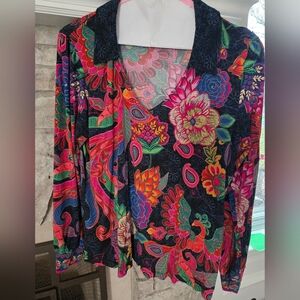 Johnny Was Multicolor Floral Embroidered Navy Top